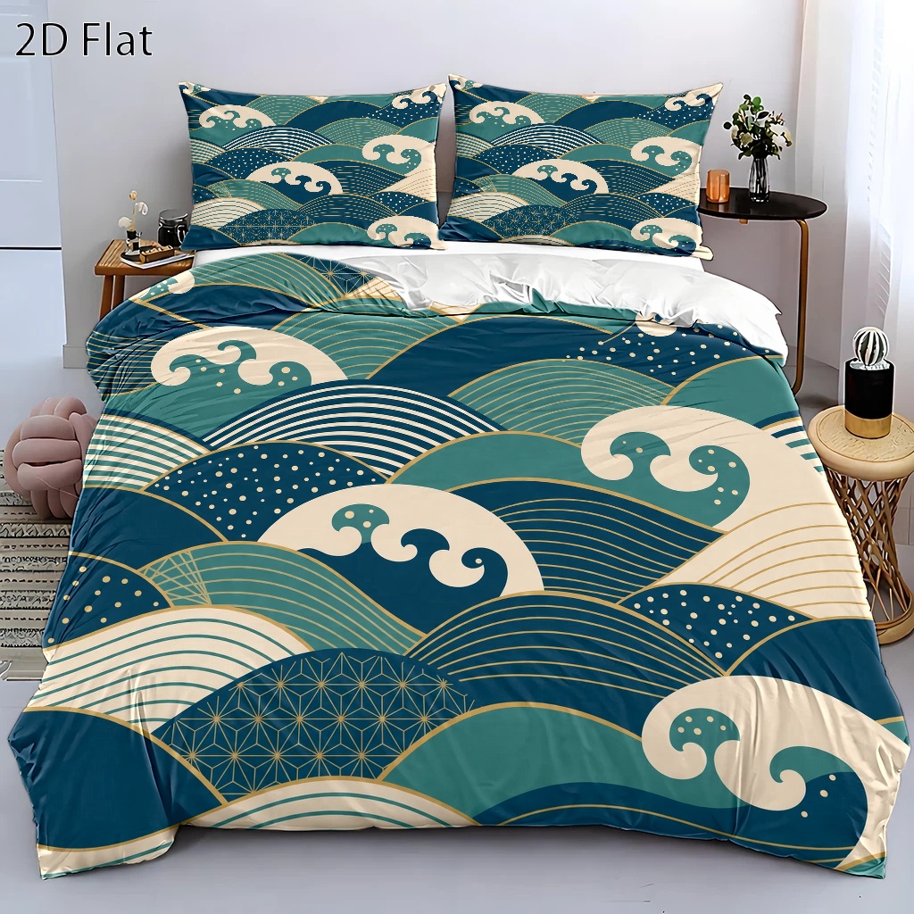Luxury Skincare Sets - 3-Piece Japanese-Style Wave Pattern Duvet Cover